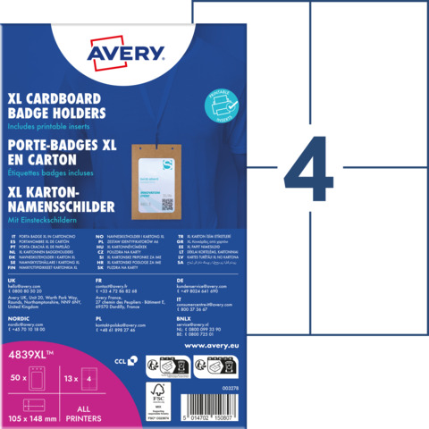 Porta badge Avery A6 in cartoncino certificato FSC® - inserti in carta inclusi - conf. 25 pz - 4839XL